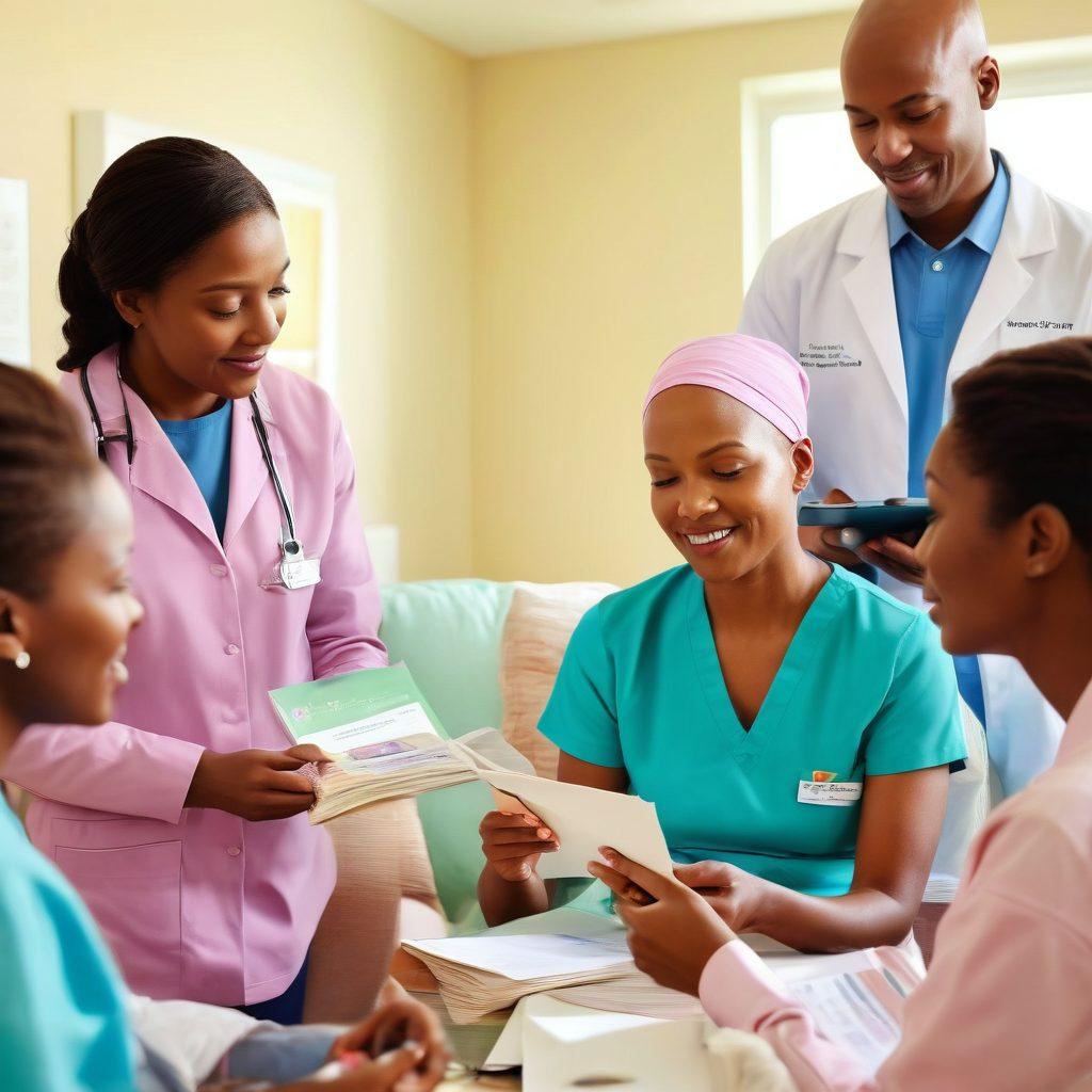 A compassionate healthcare professional engaging with a diverse group of cancer patients in a supportive environment, showcasing teamwork, resources such as pamphlets and digital devices, and warm interactions. The setting is bright and uplifting, symbolizing hope and empowerment in cancer treatment. Include visuals of supportive family members and advocacy materials. soft colors. super-realistic.
