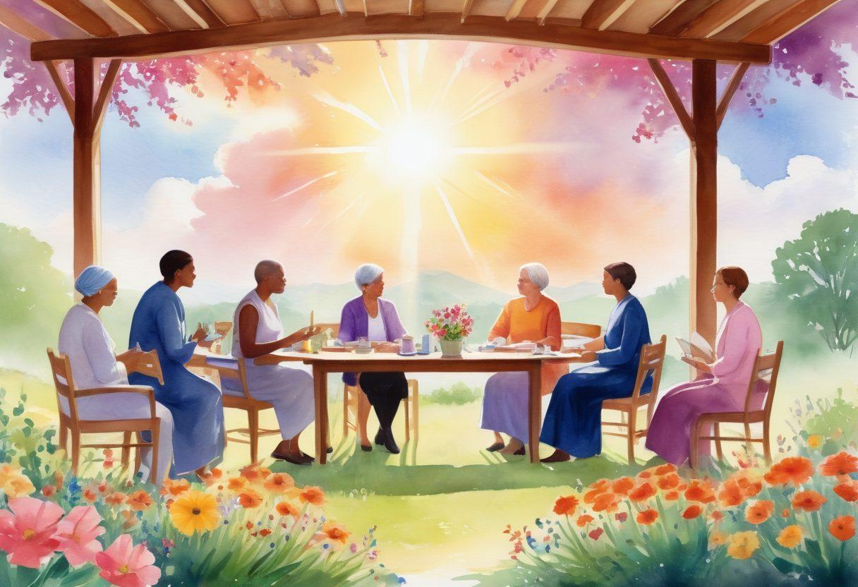 A serene landscape depicting a diverse group of cancer advocates and patients engaged in supportive discussions, surrounded by tools symbolizing prevention, like healthy food, medical books, and vibrant flowers. The scene radiates hope and resilience, with beams of sunlight breaking through clouds. Add elements of nature to represent growth and healing. watercolor style. warm tones. uplifting atmosphere.