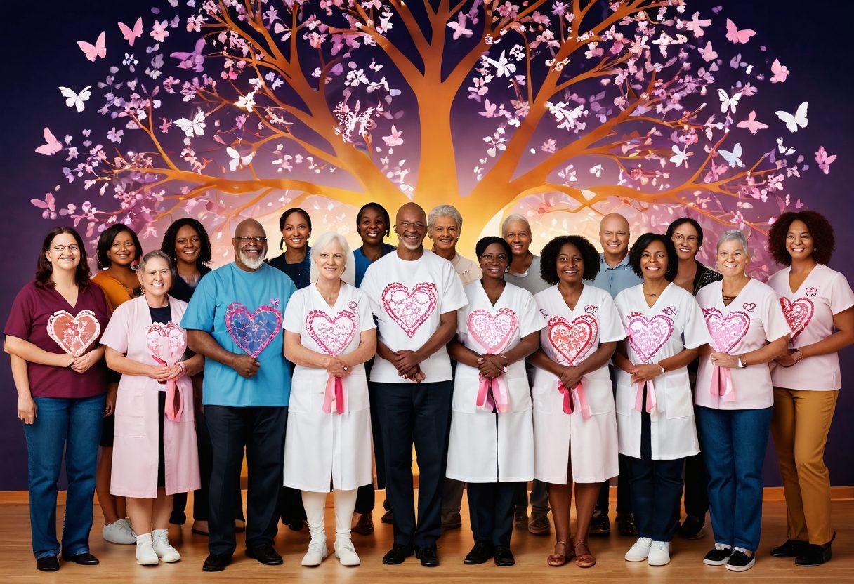 A diverse group of cancer warriors, including patients and advocates, standing together with smiles of resilience, surrounded by symbols of hope like butterflies and ribbons. In the background, a glowing tree representing strength and support, with branches filled with hearts and resources. Soft warm lighting to evoke positivity and encouragement. vibrant colors. 3D.